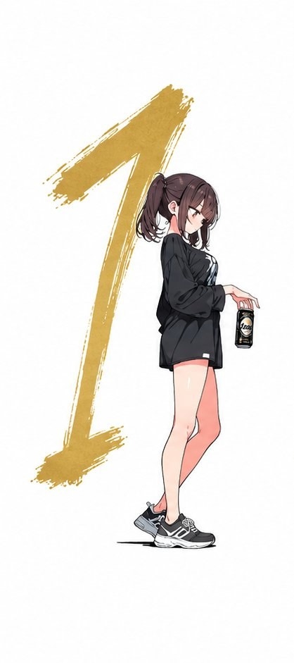A girl in profile observes the black beverage can in her right hand