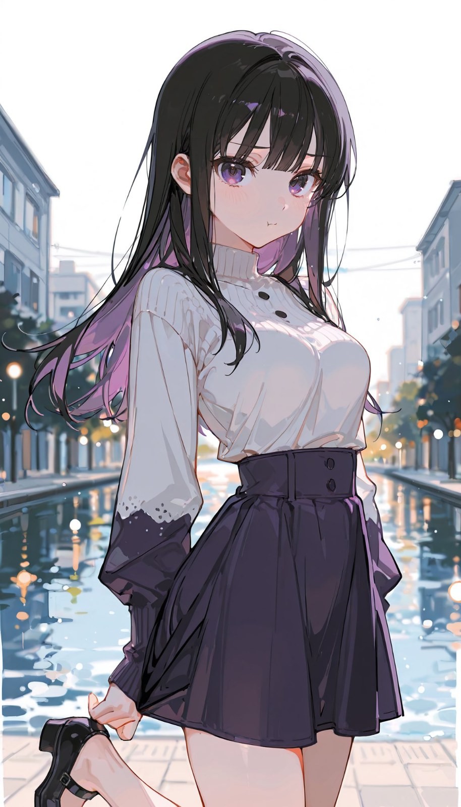 A girl stands on a rain-soaked street wearing a white turtleneck and a dark skirt