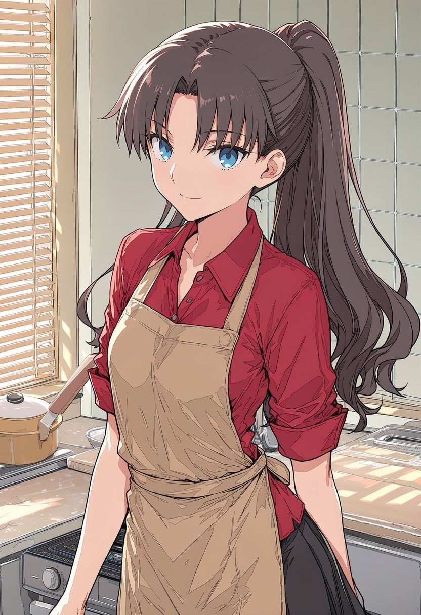 Uma jovem sorri na cozinha