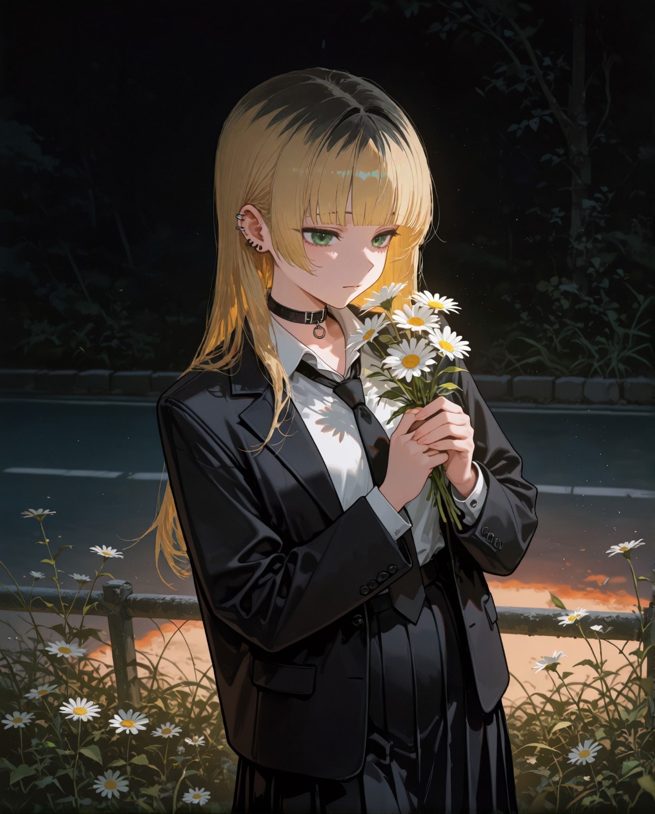 Une fille blonde aux yeux verts se tient aux abords d'une route remplie de marguerites, portant un costume noir et tenant des marguerites blanches