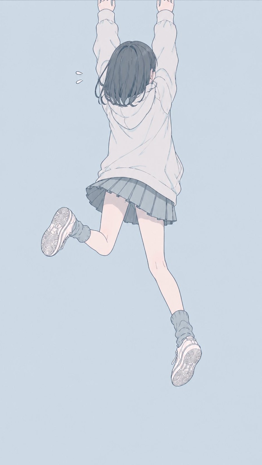 A girl in a loose hoodie and a pleated skirt stretches her legs in mid-air