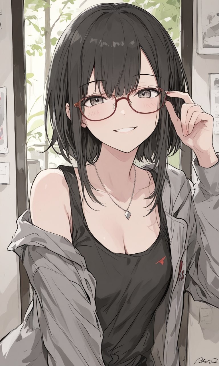 Une jeune femme avec des cheveux noirs mi-longs sourit en portant un débardeur noir et un cardigan gris