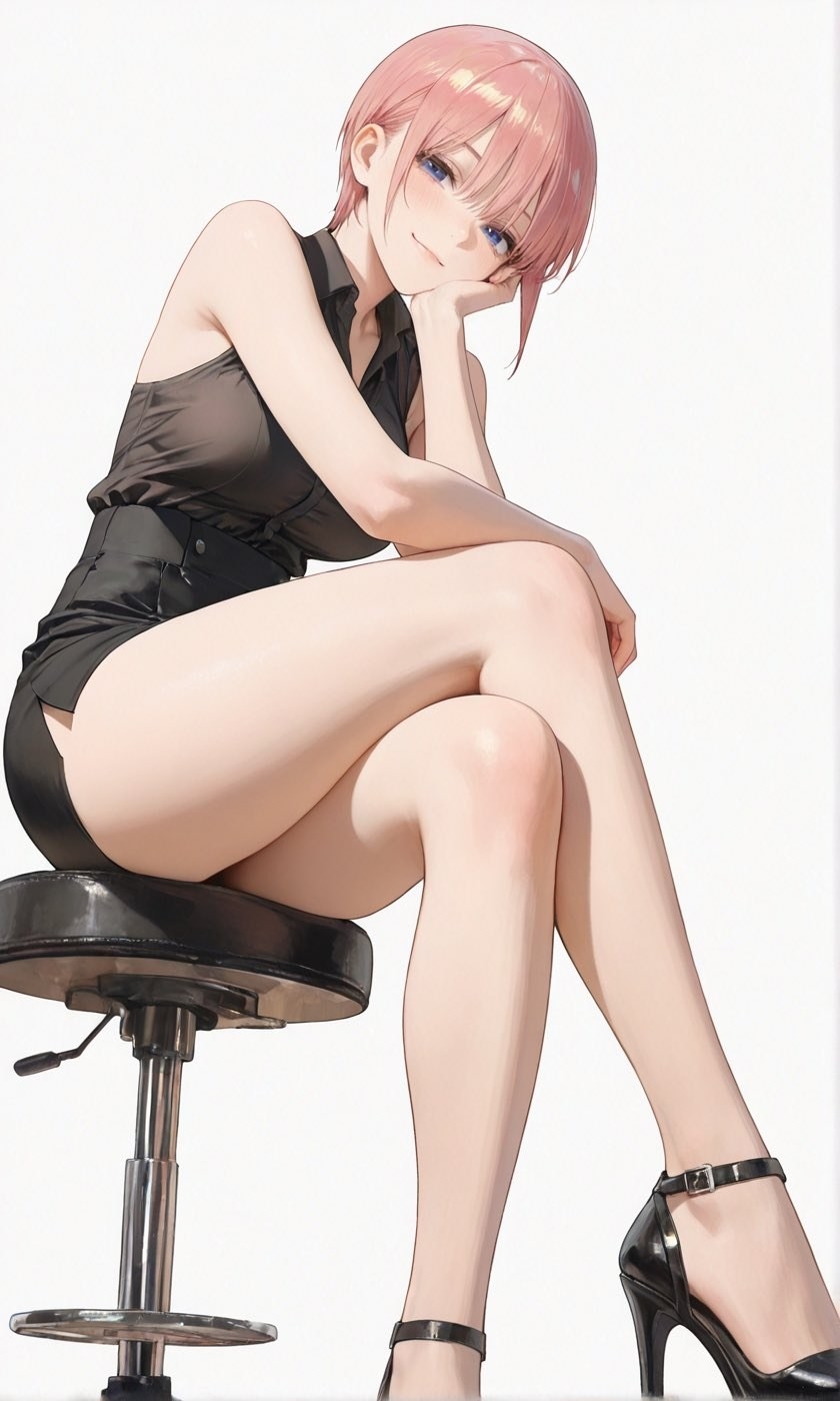 A woman with pink short hair and blue eyes is wearing a black sleeveless shirt and skirt