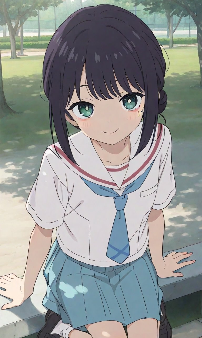 A girl in a sailor uniform sits on a campus bench