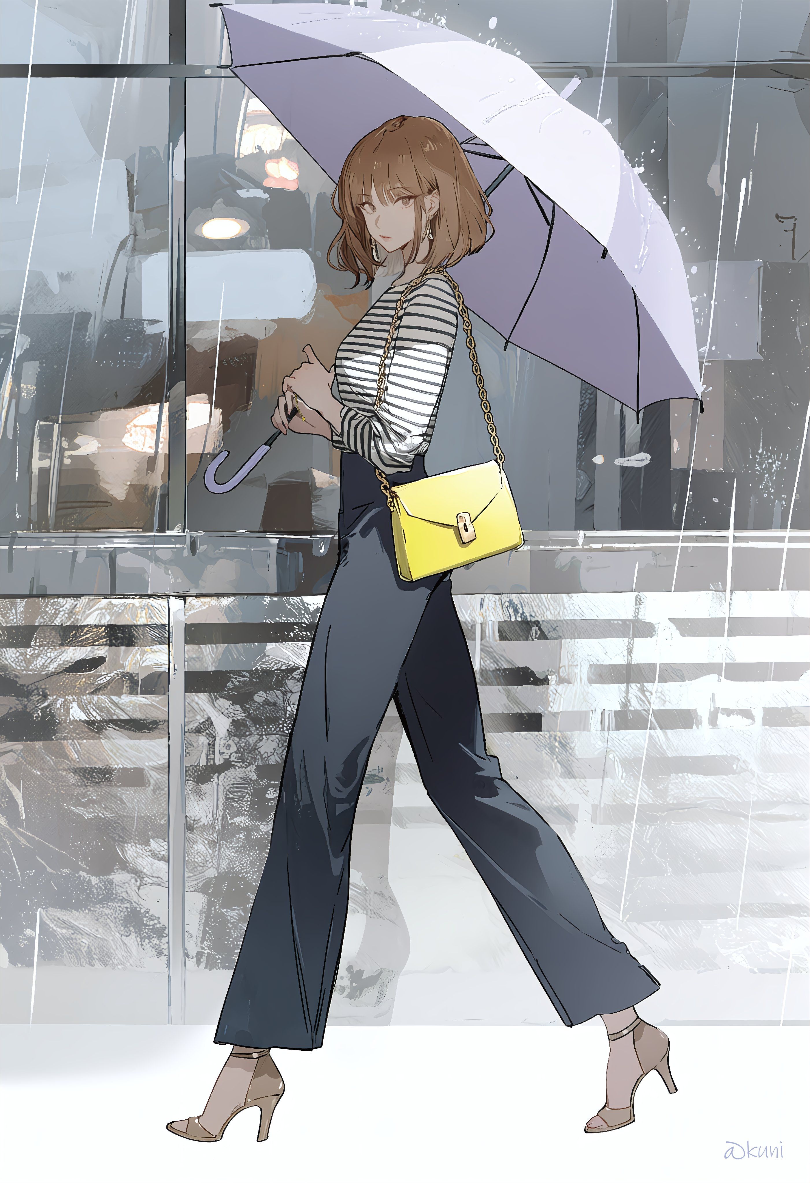 A girl with shoulder-length light brown hair, wearing a striped long-sleeve shirt and dark blue overalls, walking on a rainy urban street holding a large purple-and-white umbrella