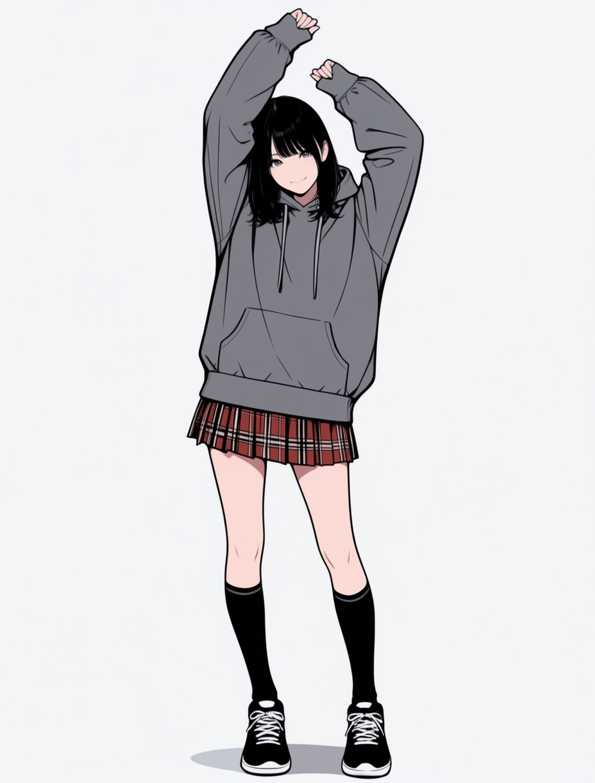 黒髪のアニメ少女が灰色のフード付きスウェットと赤黒のチェック柄のプリーツスカートを着ている