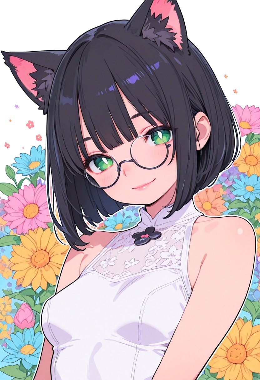 A girl with cat ears and short hair wearing glasses and a white cheongsam top stands in front of a colorful flower background