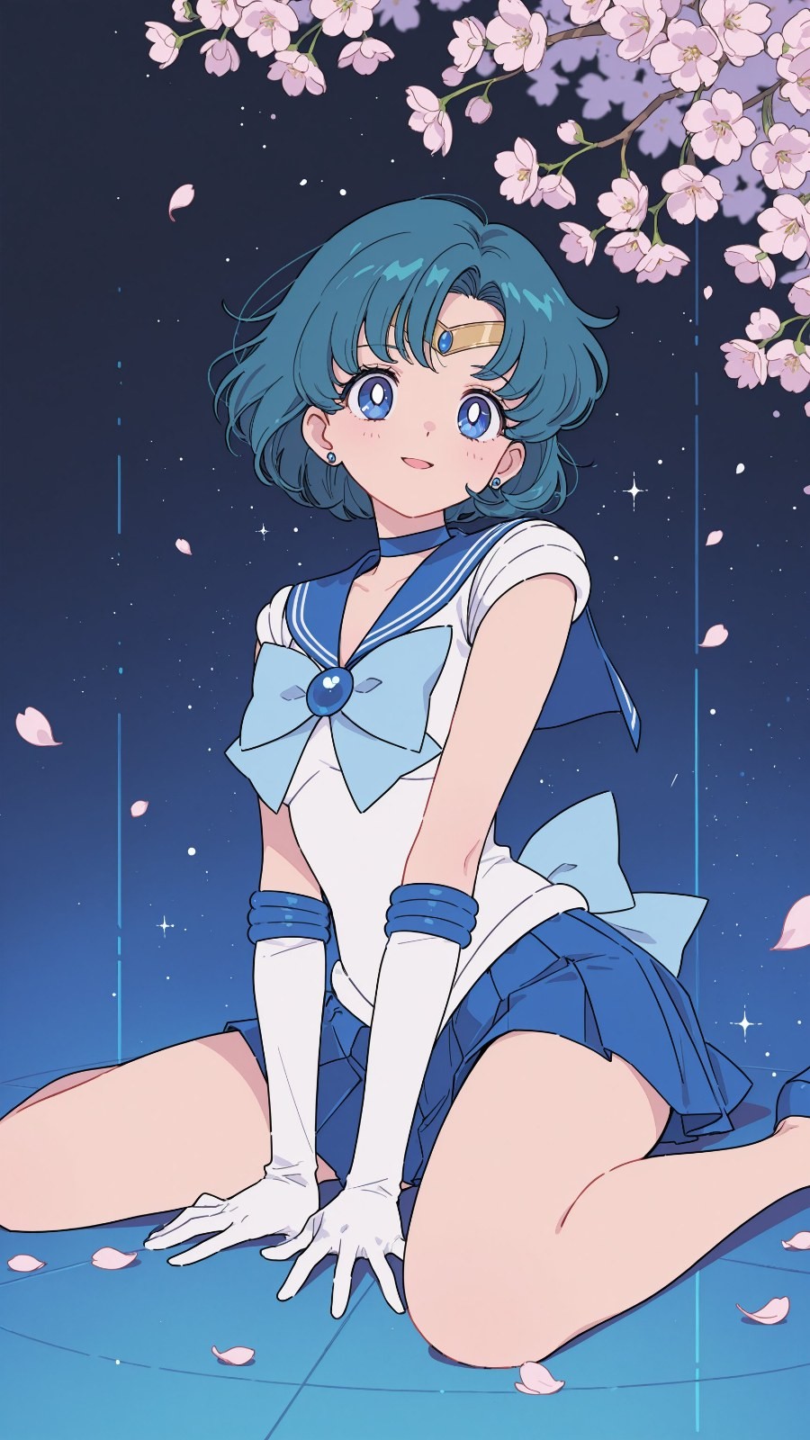 A blue-haired girl in a sailor suit kneels on a blue water surface