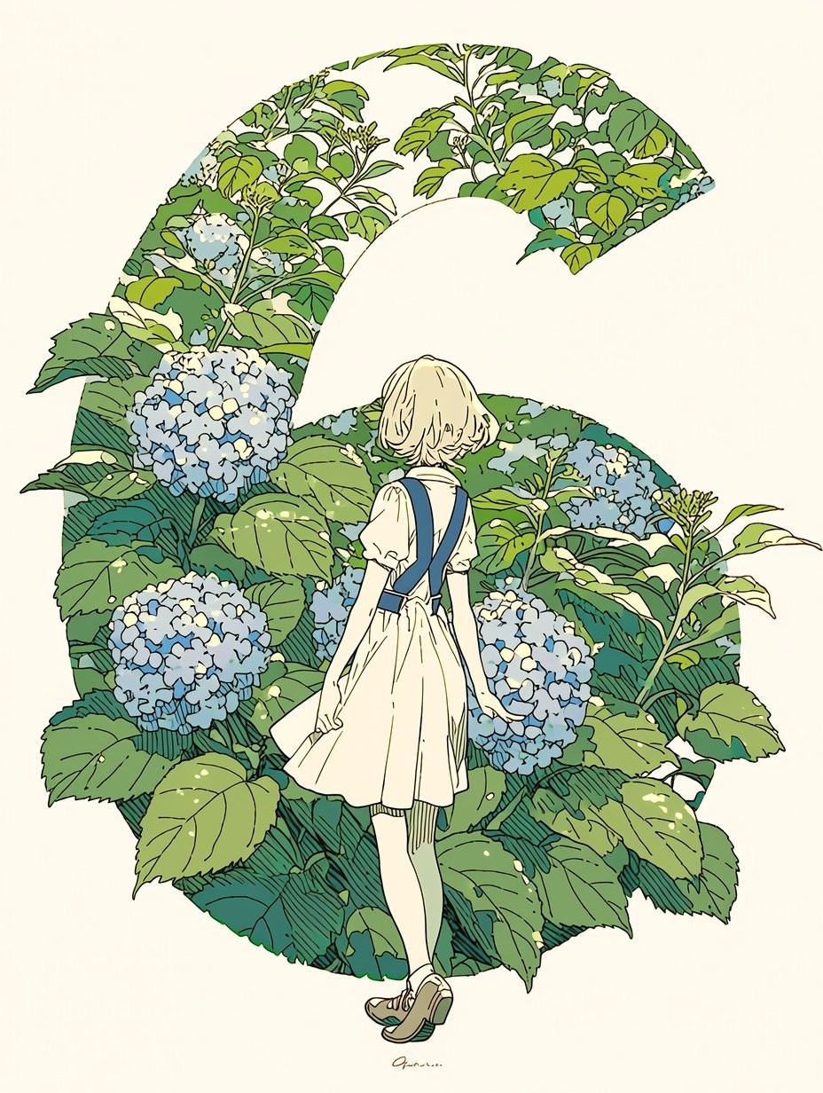 A young girl in a simple white dress reaches toward a flower against a pale background
