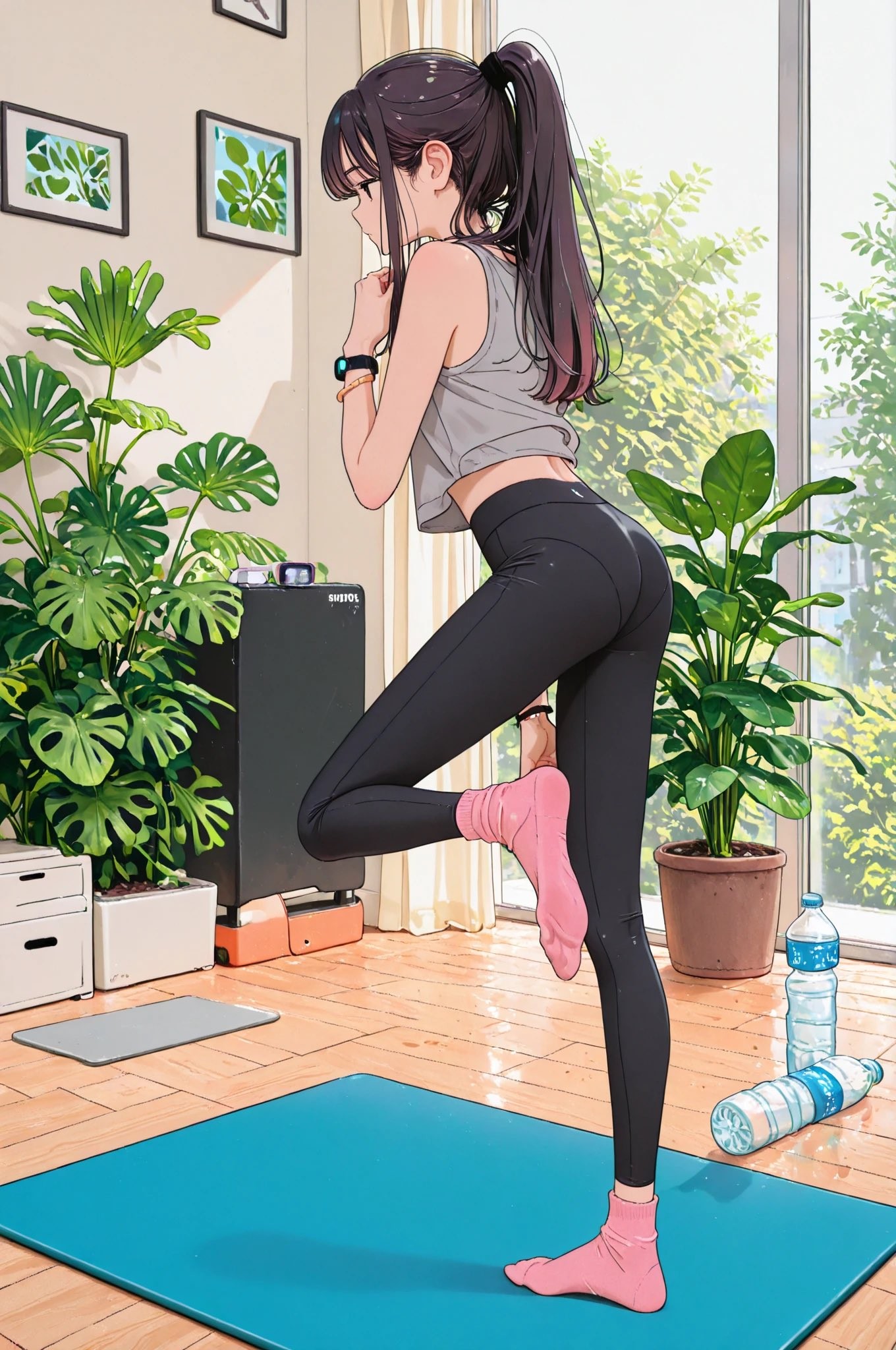 A character with long dark hair in a high ponytail wears a gray tank top and black leggings while performing a standing balance pose on a blue yoga mat