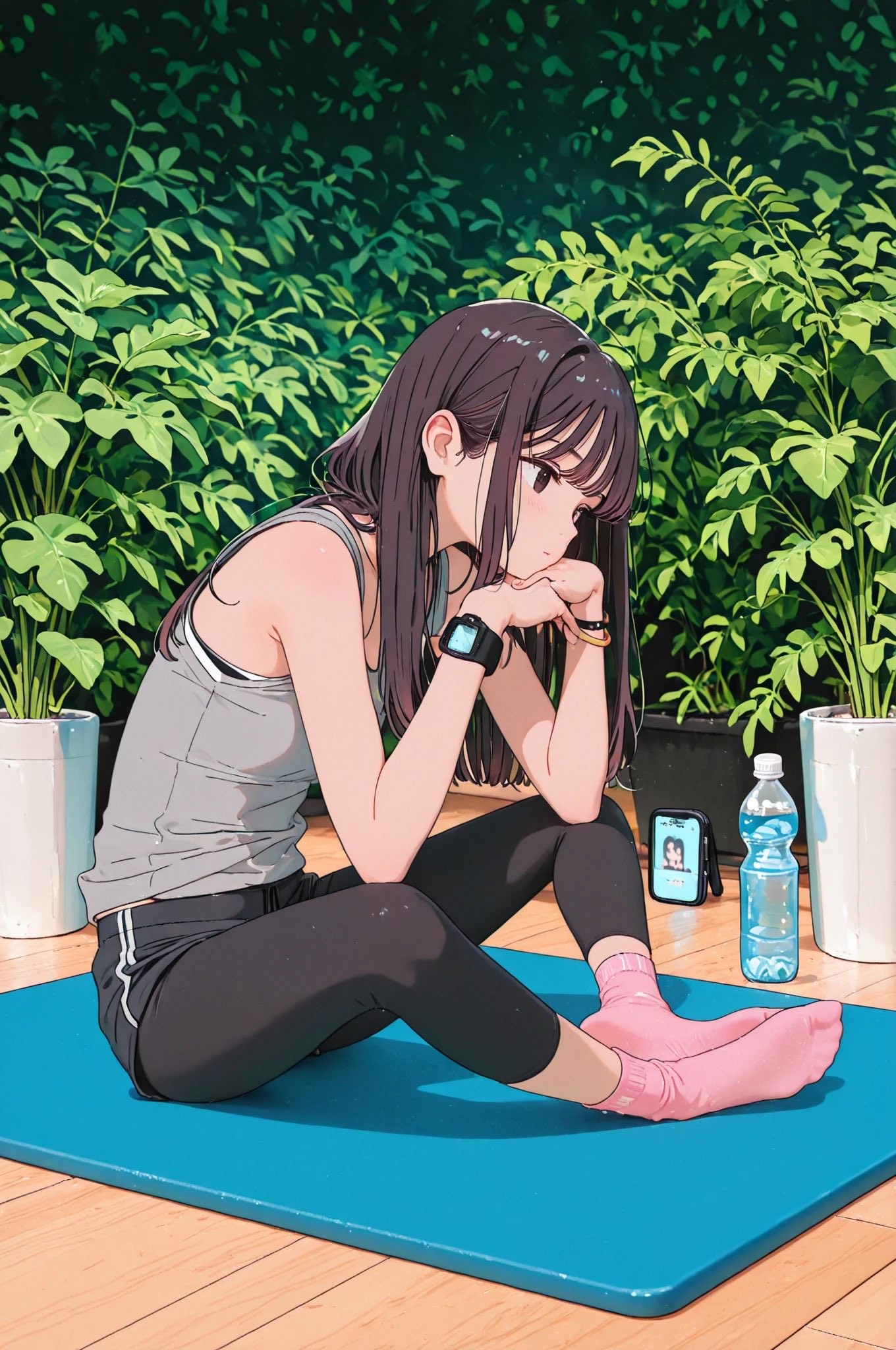 Una joven de estilo anime se relaja en un pliegue hacia adelante sobre una esterilla de yoga, vestida con una camiseta gris y leggings negros con calcetines rosas