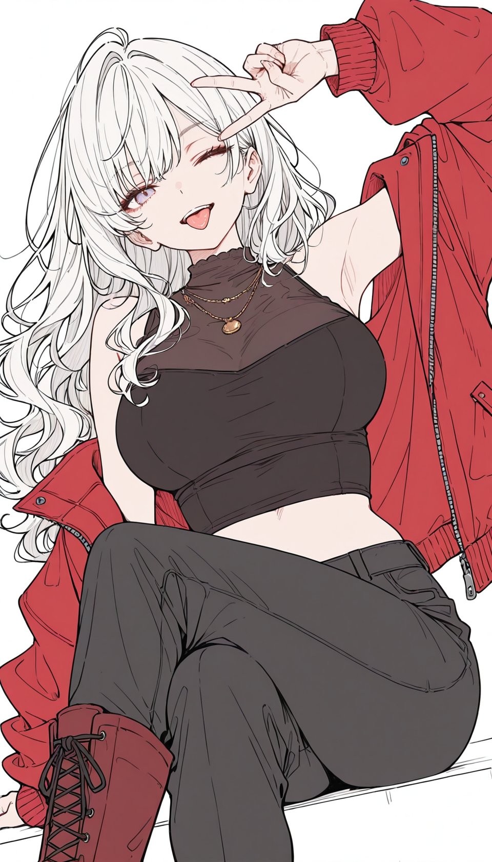 Lange voluminöse silberweiße Haare und hellviolette Augen, trägt einen schwarzen Cropped-Top und Cargo-Hosen mit einer roten Jacke und Kampfstiefeln