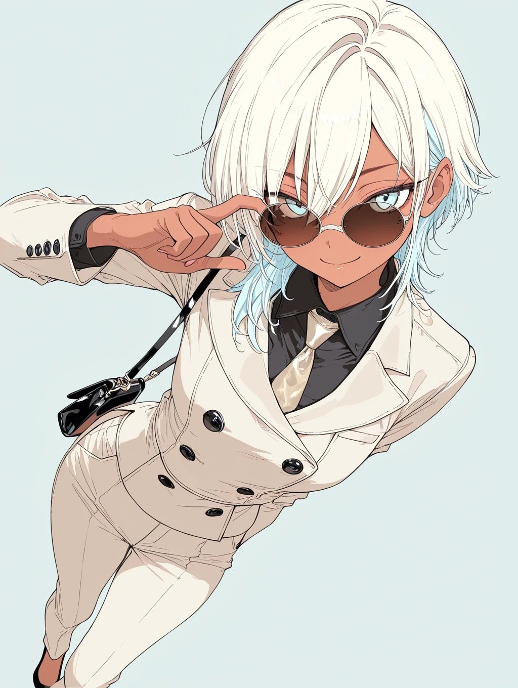 自信に満ちた日焼けした肌の女の子が、白のダブルブレストスーツを着て黒のシャツと淡い金色のネクタイを締めている