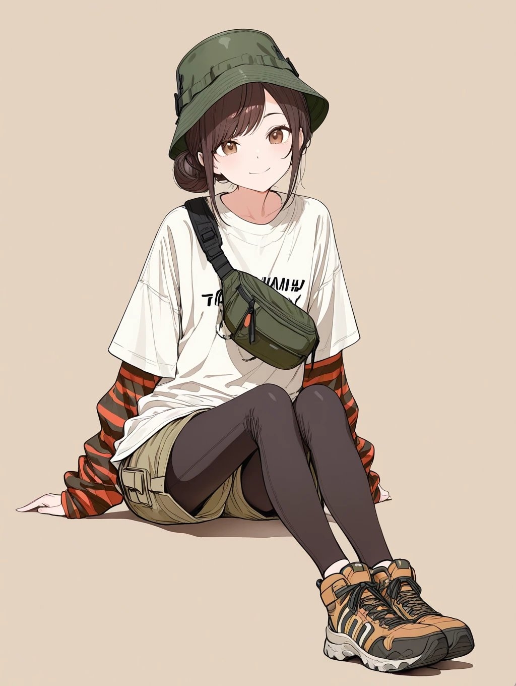 Cabelo castanho em um coque baixo, chapéu bucket verde e camiseta oversized branca com shorts cargo oliva