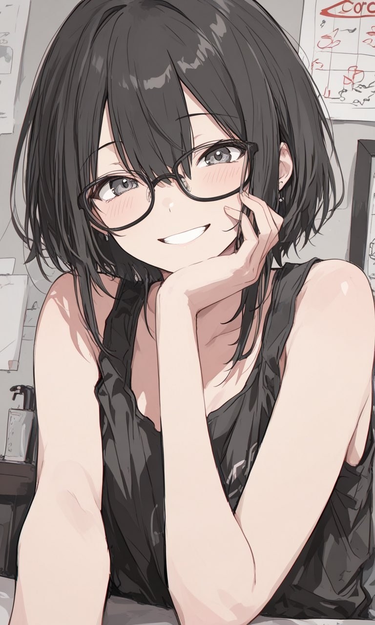 黒いフレームの眼鏡をかけた若い女性が微笑んでいる