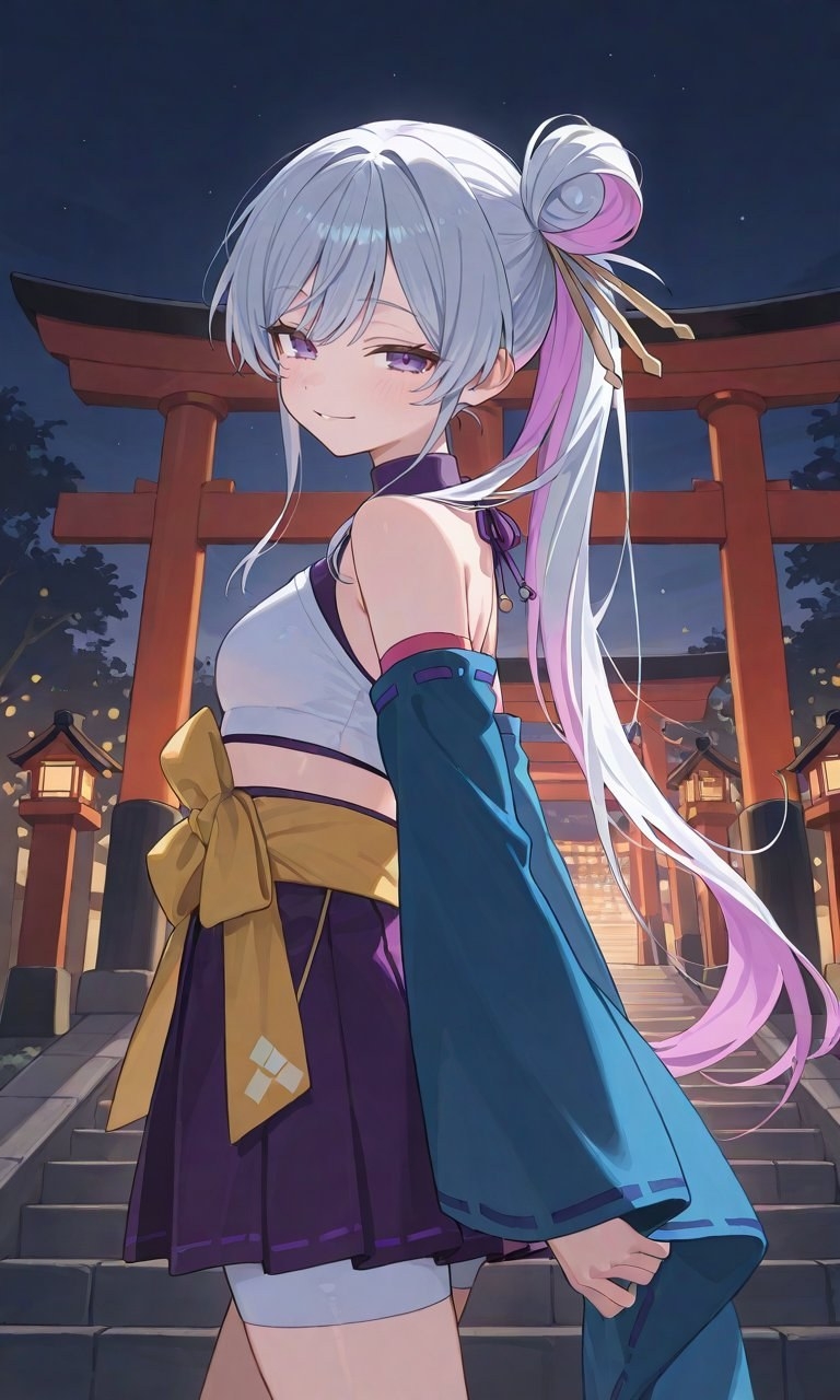 一位动漫少女穿着露肩白上衣和深紫短裙