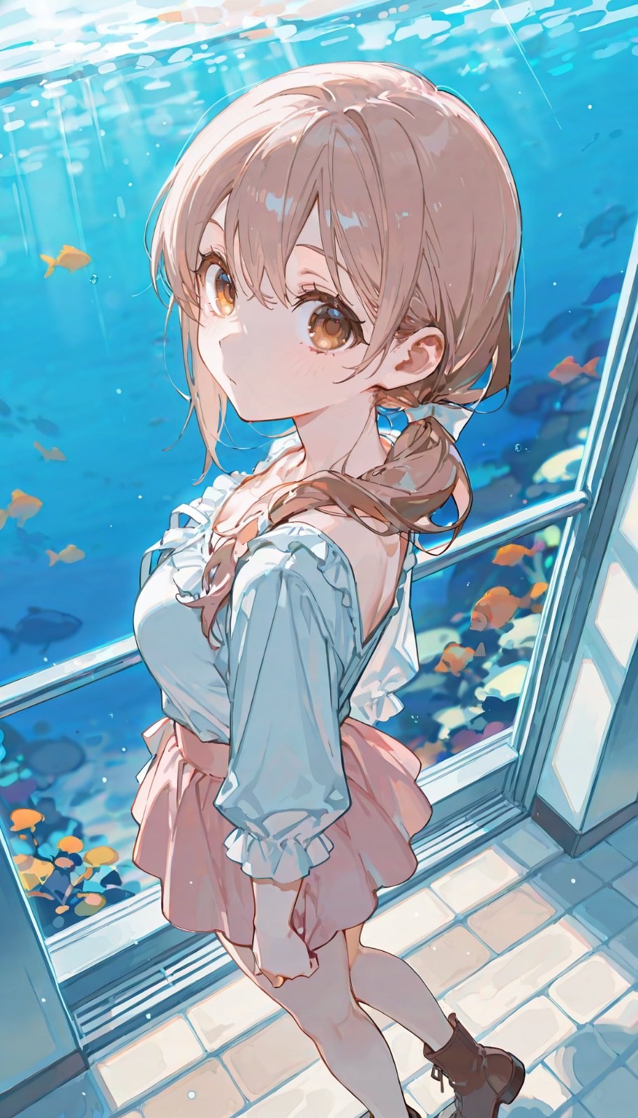A brown low ponytail anime girl looks back in an aquarium