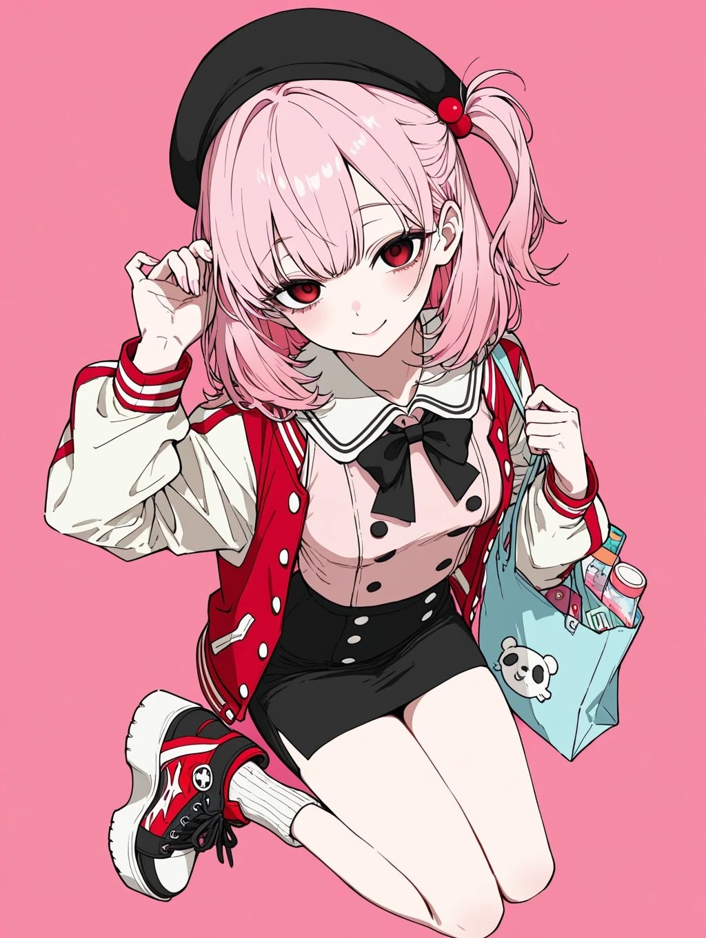 Young anime girl with voluminous pink twin pigtails wearing a red-and-white varsity jacket and a confident smile