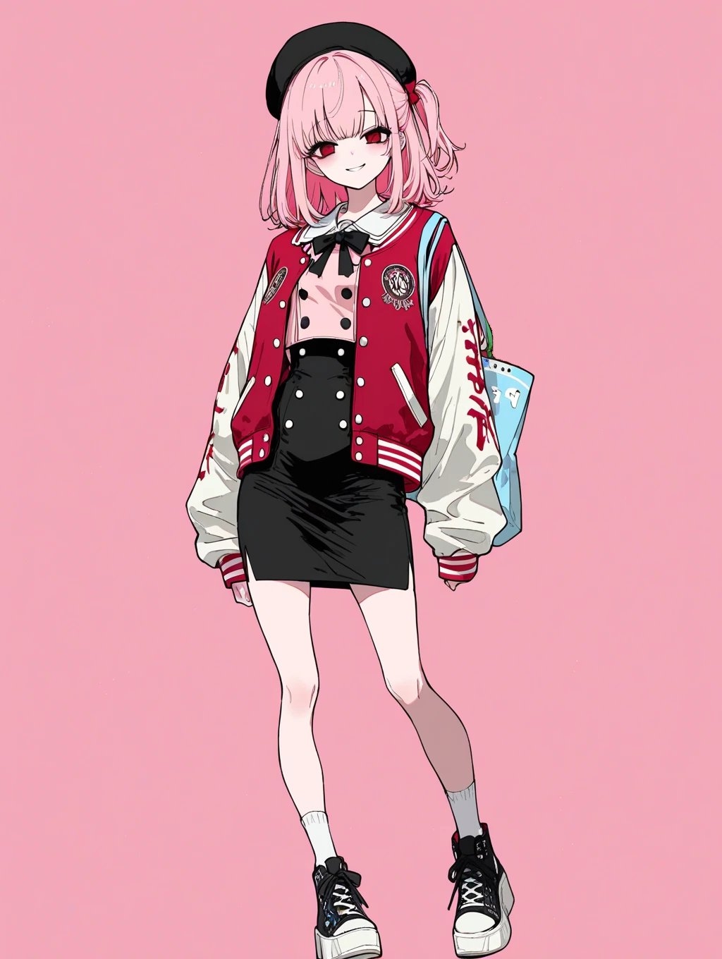 Ein fröhliches Mädchen mit rosa Haaren im Seitenpferd und roten Augen, das eine schwarze Baskenmütze und eine rot-weiße Collegejacke trägt