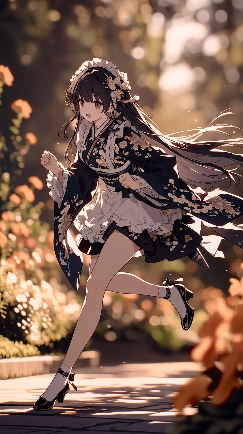 Uma jovem garota de anime vestindo um quimono floral preto e um vestido de empregada branco corre alegremente por um jardim de outono