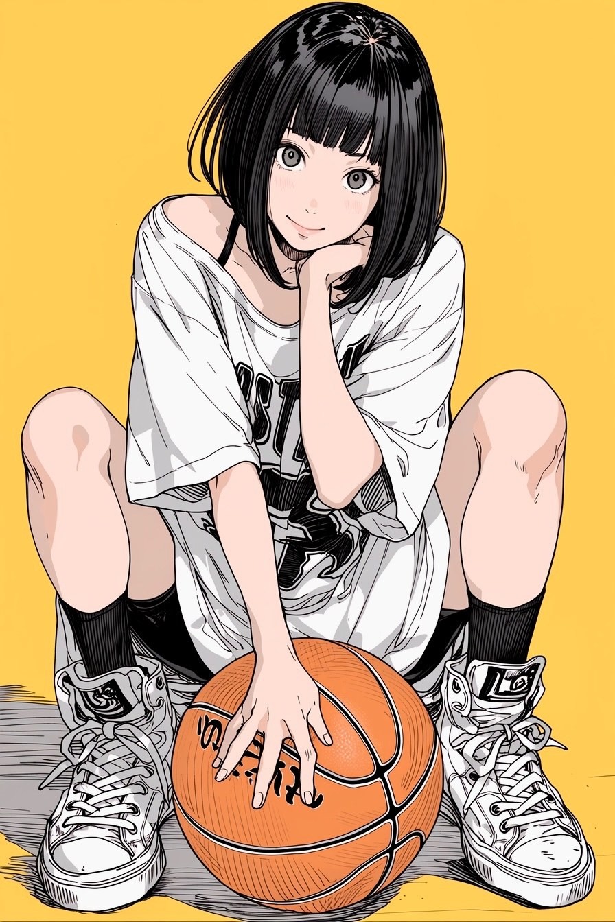 Ein Mädchen mit kurzen schwarzen Haaren trägt ein lässiges weißes Off-Shoulder-T-Shirt und schwarze lange Socken, während sie einen orangefarbenen Basketball hält