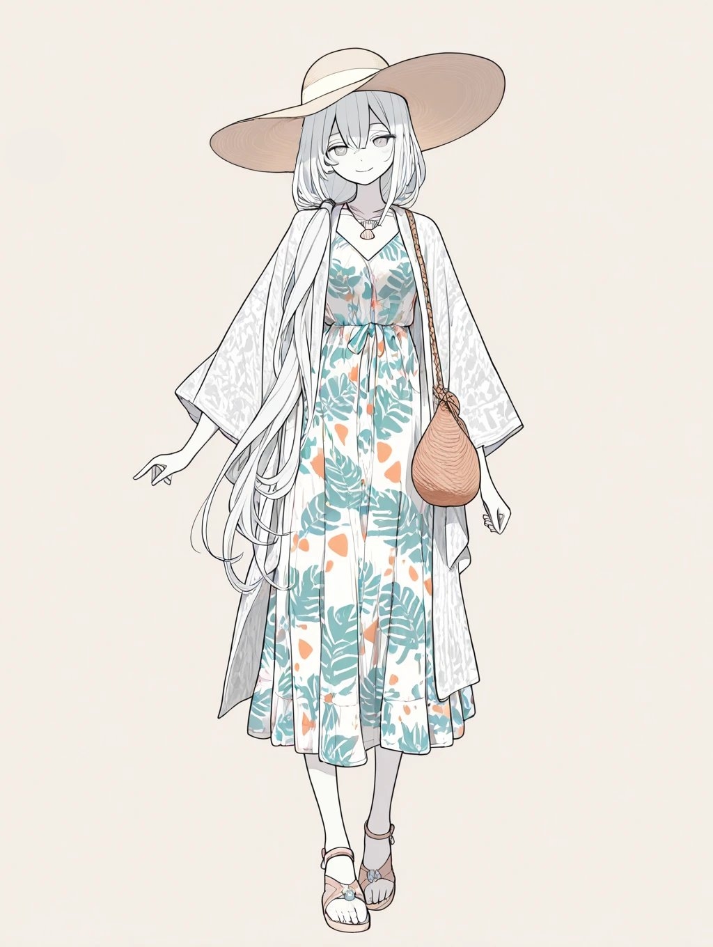 Ein ruhiges Mädchen mit langen silberweißen Haaren und sanftem Lächeln in Sommerkleidung