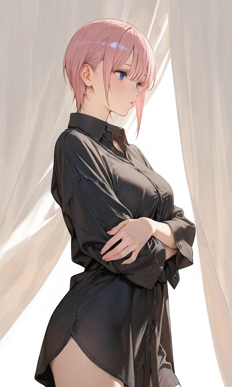 A woman with pink short hair wearing a black shirt stands sideways