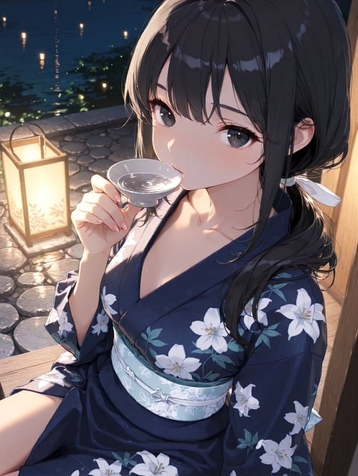 A black-haired girl in a navy floral yukata sits on a wooden porch sipping from a white sake cup.