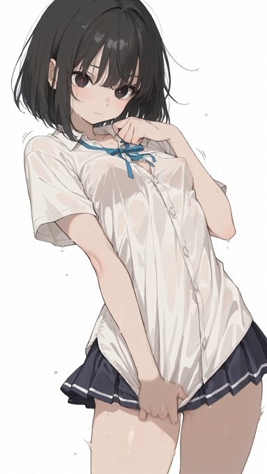 A short-haired girl in black is wearing a wet white short-sleeve shirt and a dark pleated skirt