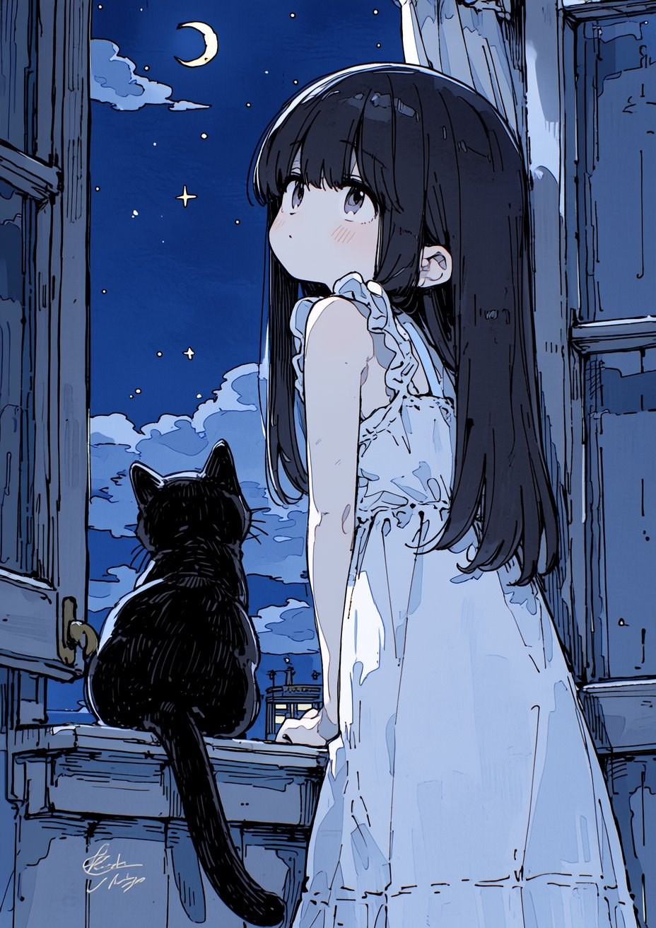 A black-haired girl in a white dress stands by the window gazing at the night sky