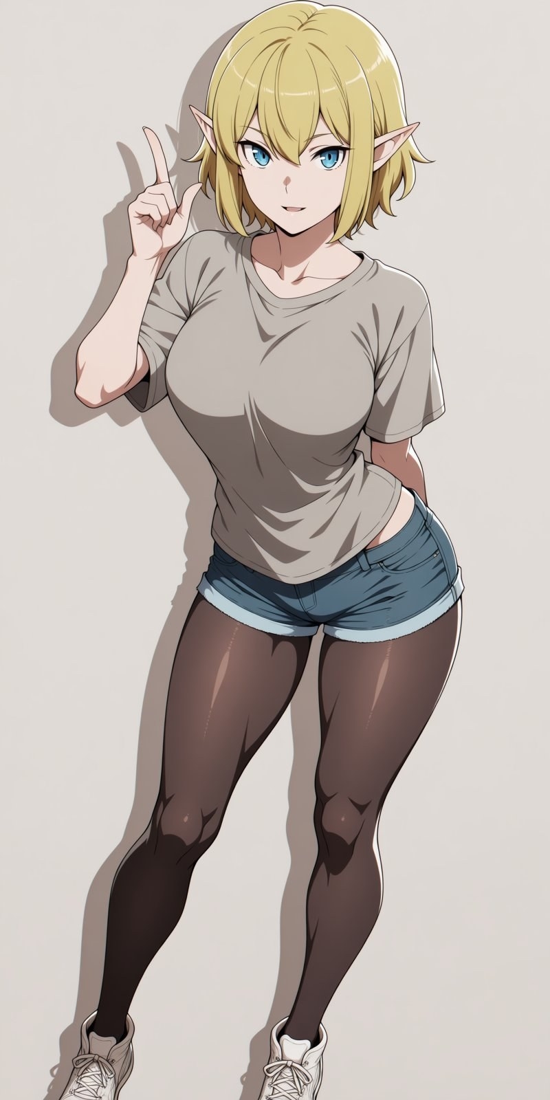 金髪の尖った耳を持つ女性アニメキャラクターがルーズTシャツとカットオフジーンズを着用 