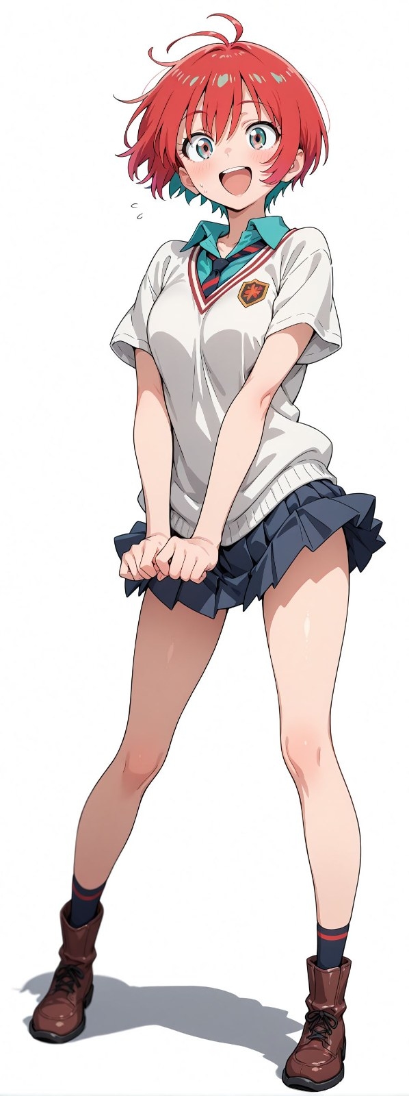 A red-haired girl showcases her fashion against a pure white background