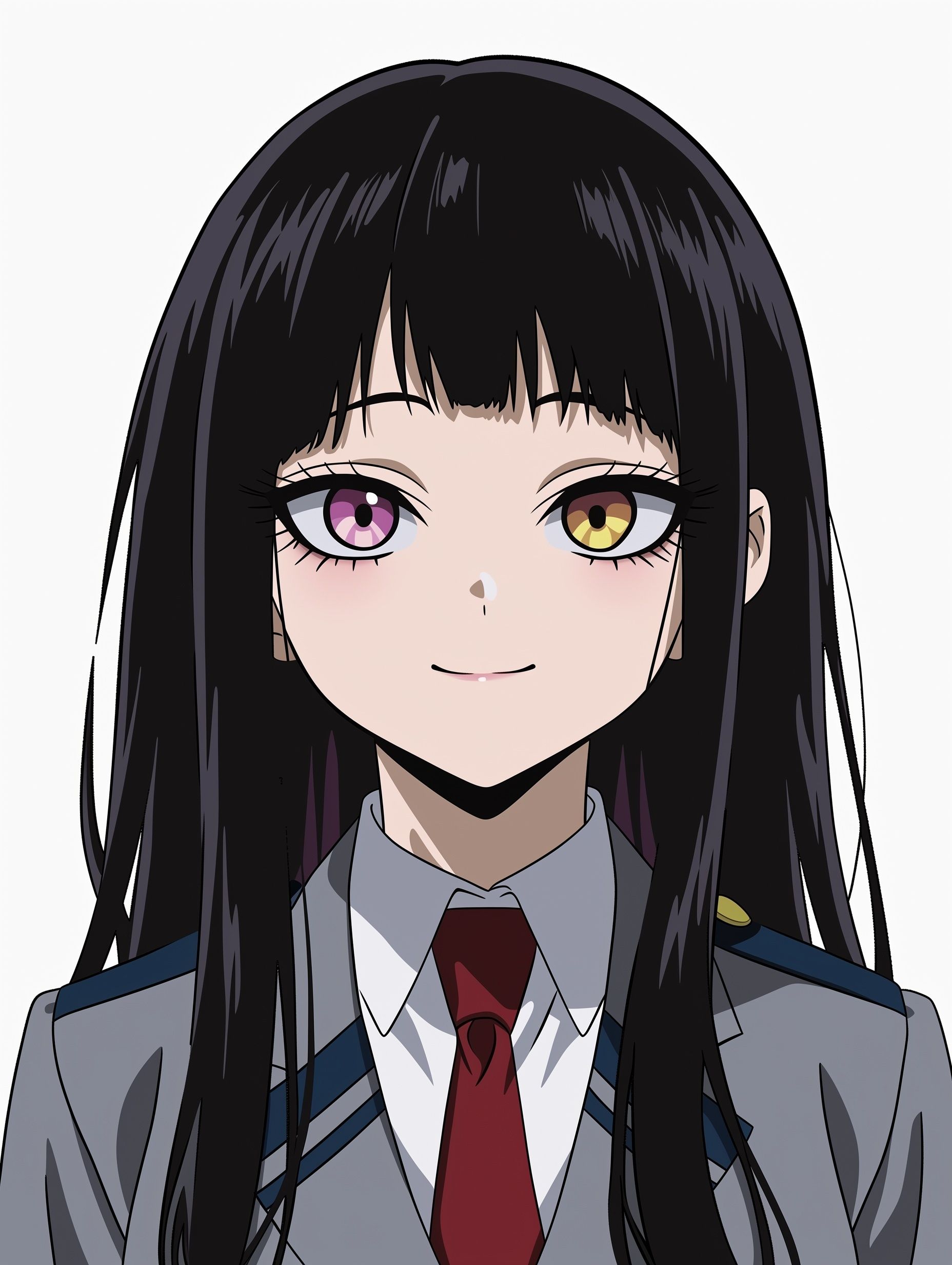 Ein 15-jähriges Mädchen trägt die Schuluniform von My Hero Academia, hat lange schwarze Haare und ungewöhnliche rosa-goldene Augen