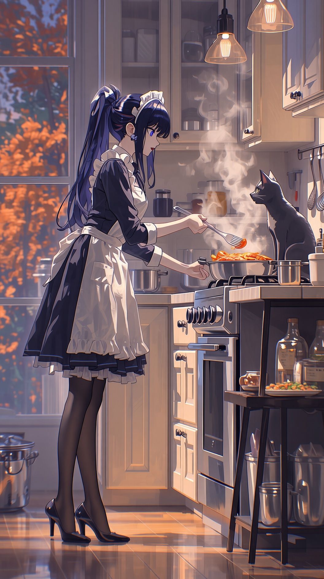 Eine große Frau im Anime-Stil, die eine klassische schwarz-weiße Dienstmädchenuniform trägt, kocht in einer sonnigen Küche