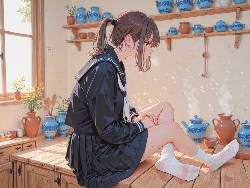 소녀가 어두운 색의 세일러복을 입고 나무 테이블에 앉아 있다