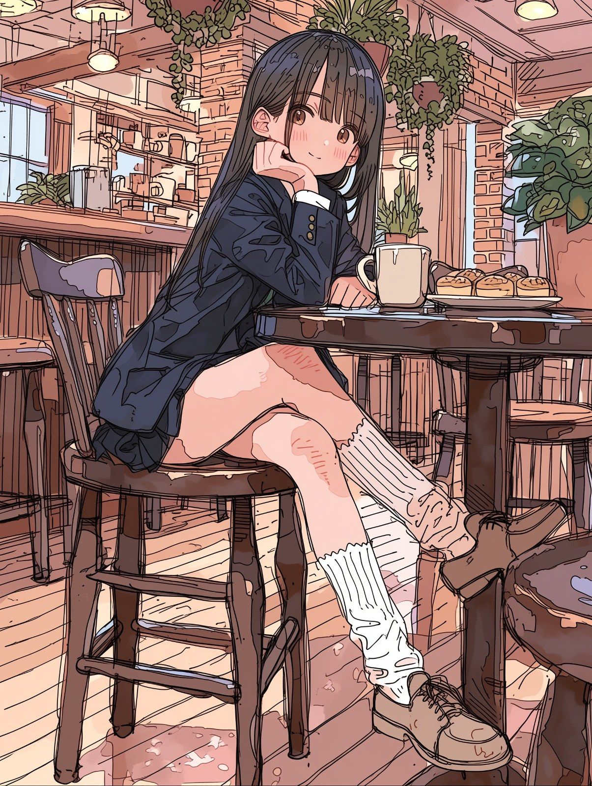 黑長髮少女坐咖啡館穿深色制服外套白色堆堆襪
