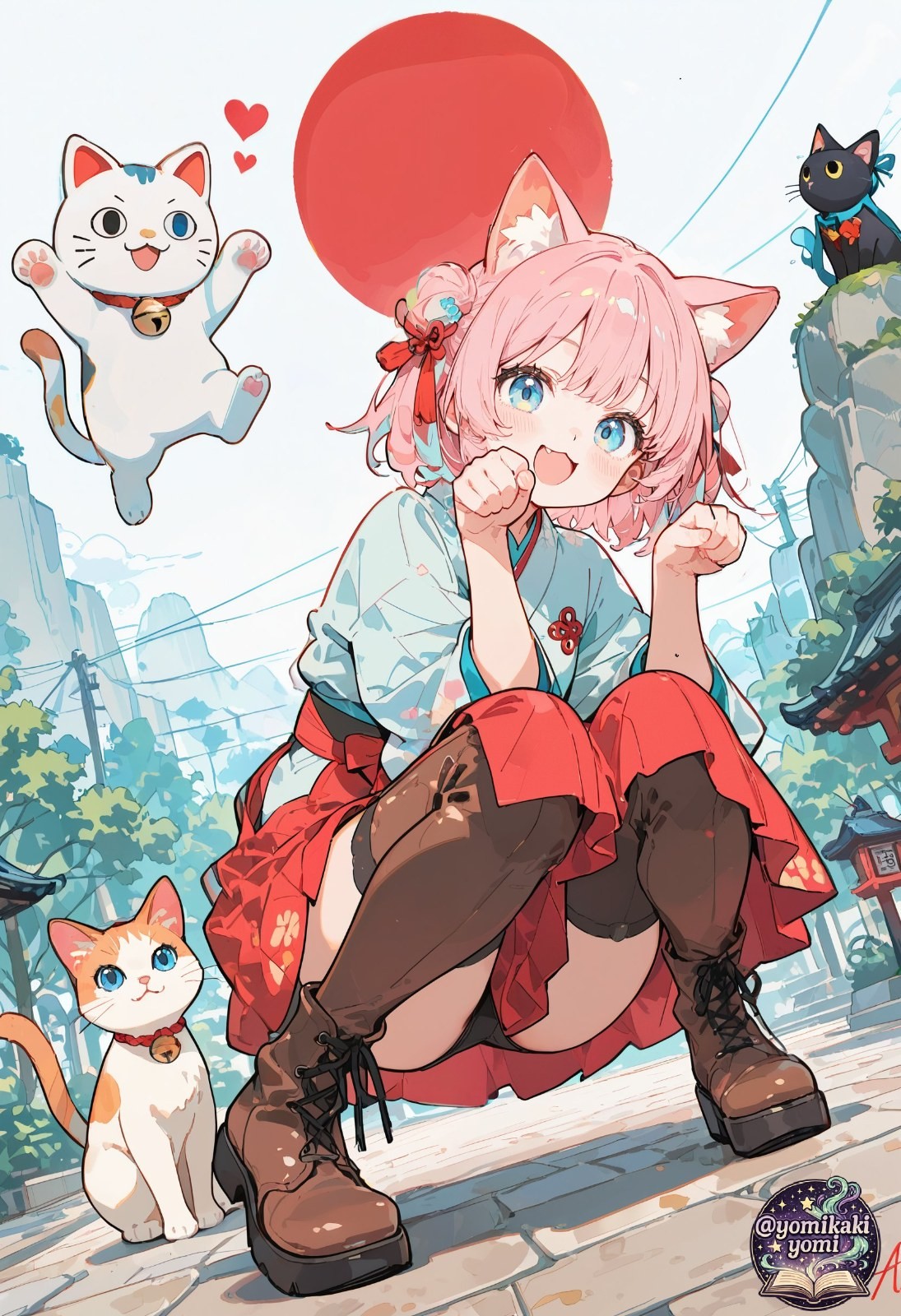 Une fille aux cheveux roses et oreilles de chat portant un kimono et une jupe courte est entourée de trois chats et d'un grand soleil rouge