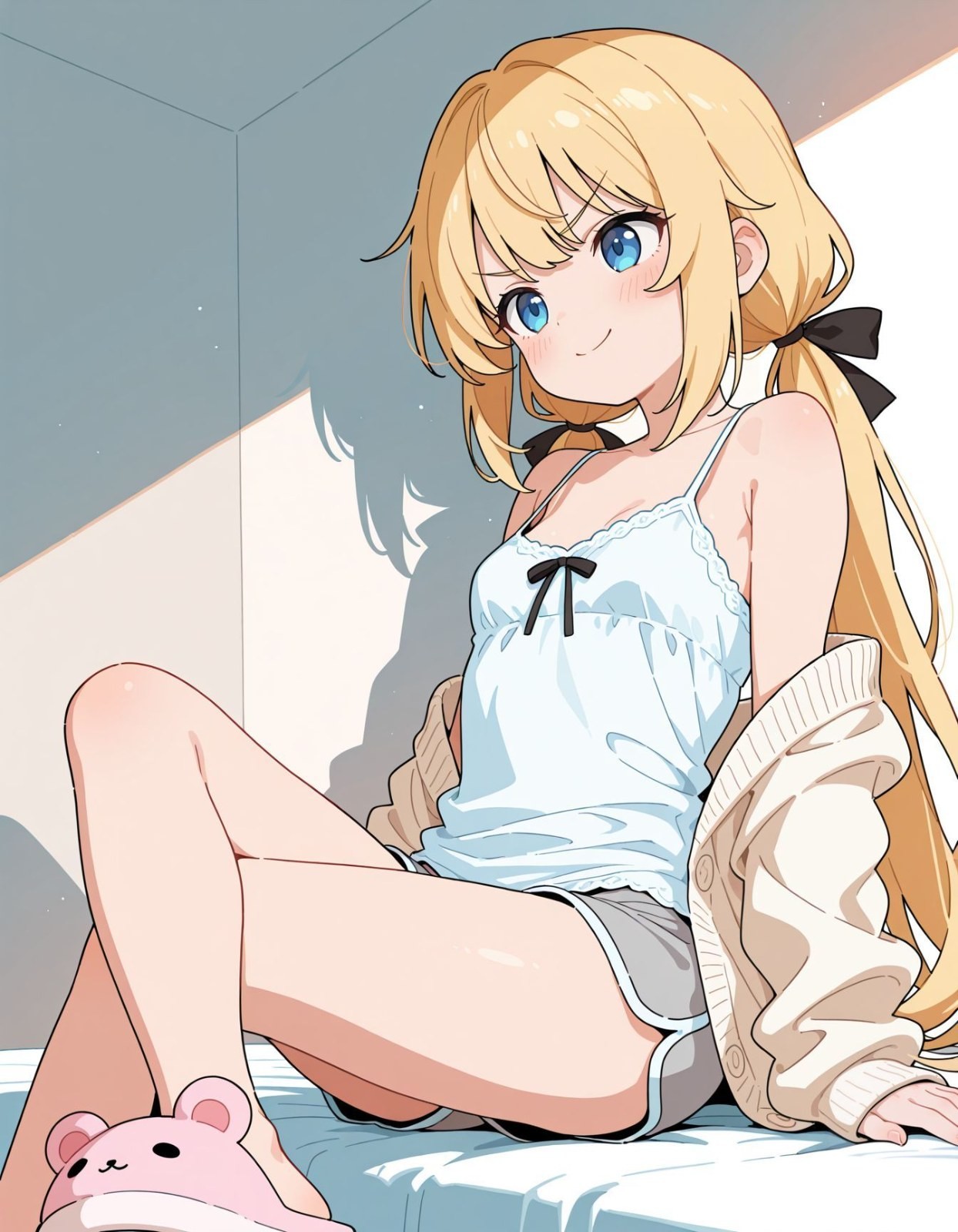 金髪の少女がベッドの上で白いキャミソールと灰色のショートパンツ、ピンクのクマのスリッパを履いている
