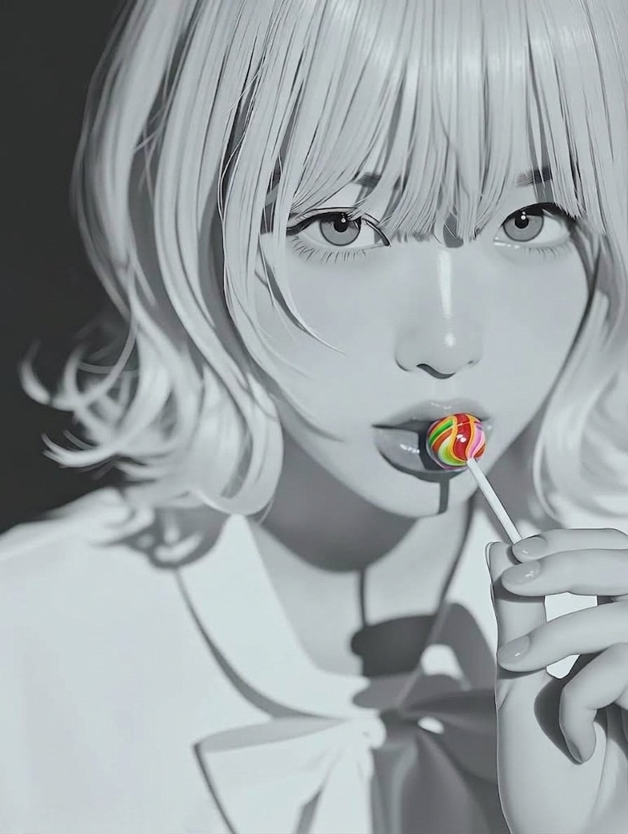 插画描绘了一位留齐刘海短发女性，穿着浅色衬衫和蝴蝶结，嘴含彩色棒棒糖