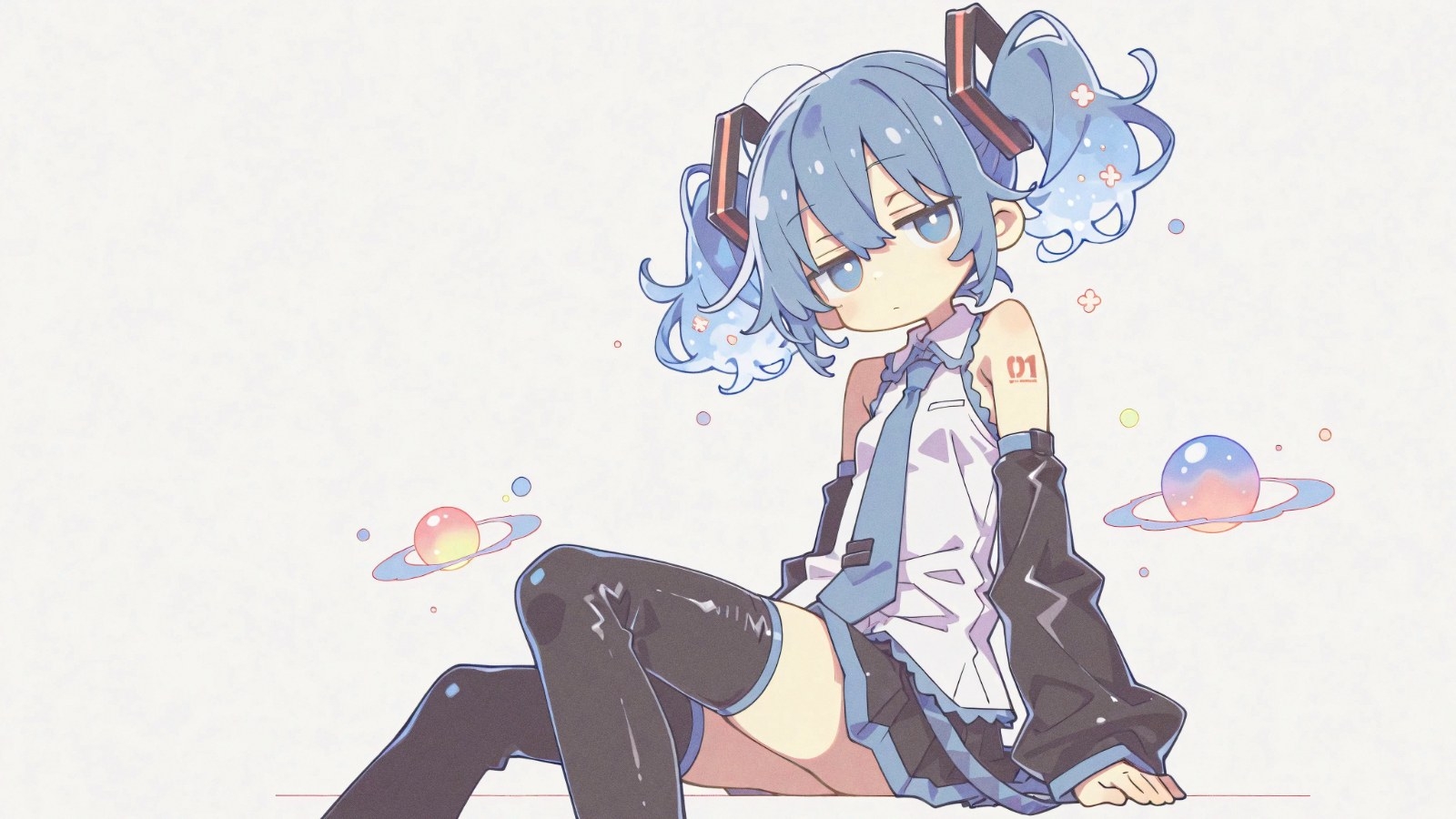 A blue-haired twin-tailed anime girl in a lazy sitting pose