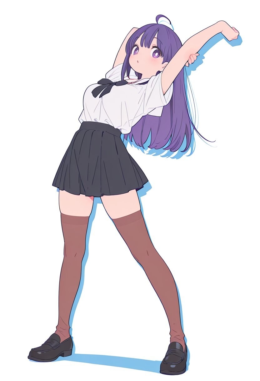 紫色の髪のアニメ風少女が白いシャツと黒のプリーツスカートを着て体を伸ばす