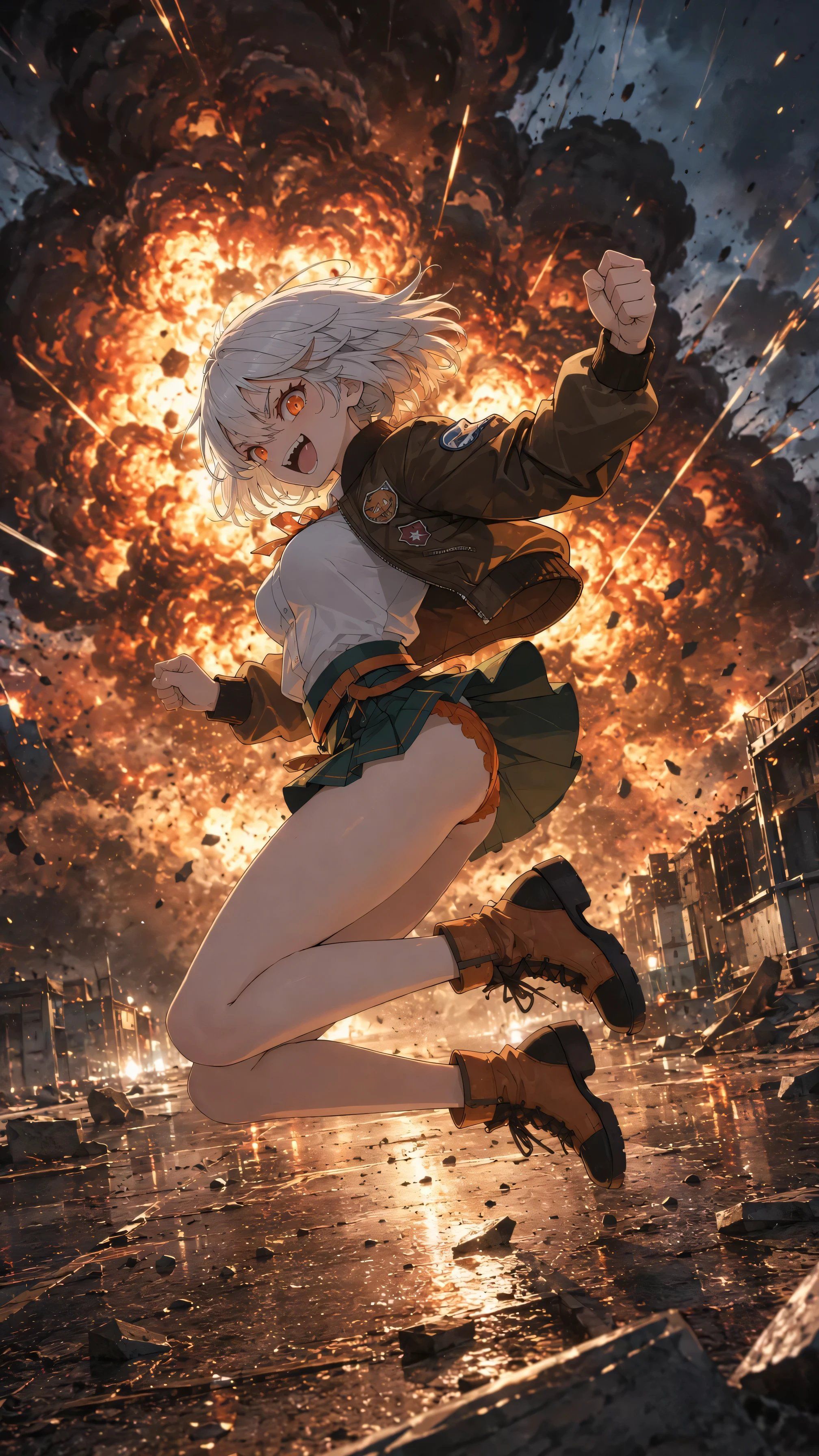 fille aux cheveux blancs et yeux orange saute dans une explosion portant une veste militaire verte et une jupe