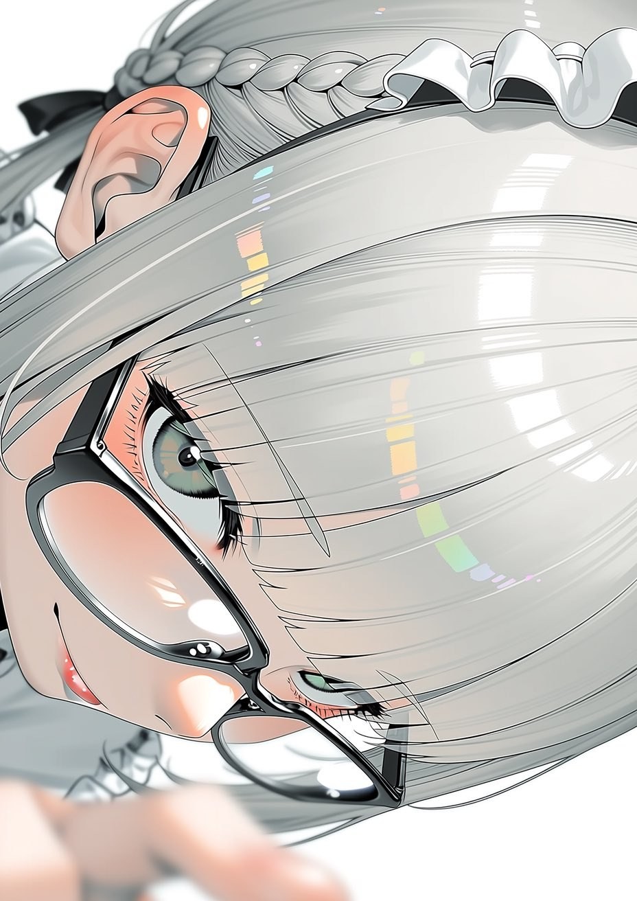 Profil eines Anime-Mädchens, silberne Zöpfe, schwarze Brille, hellblaue Augen