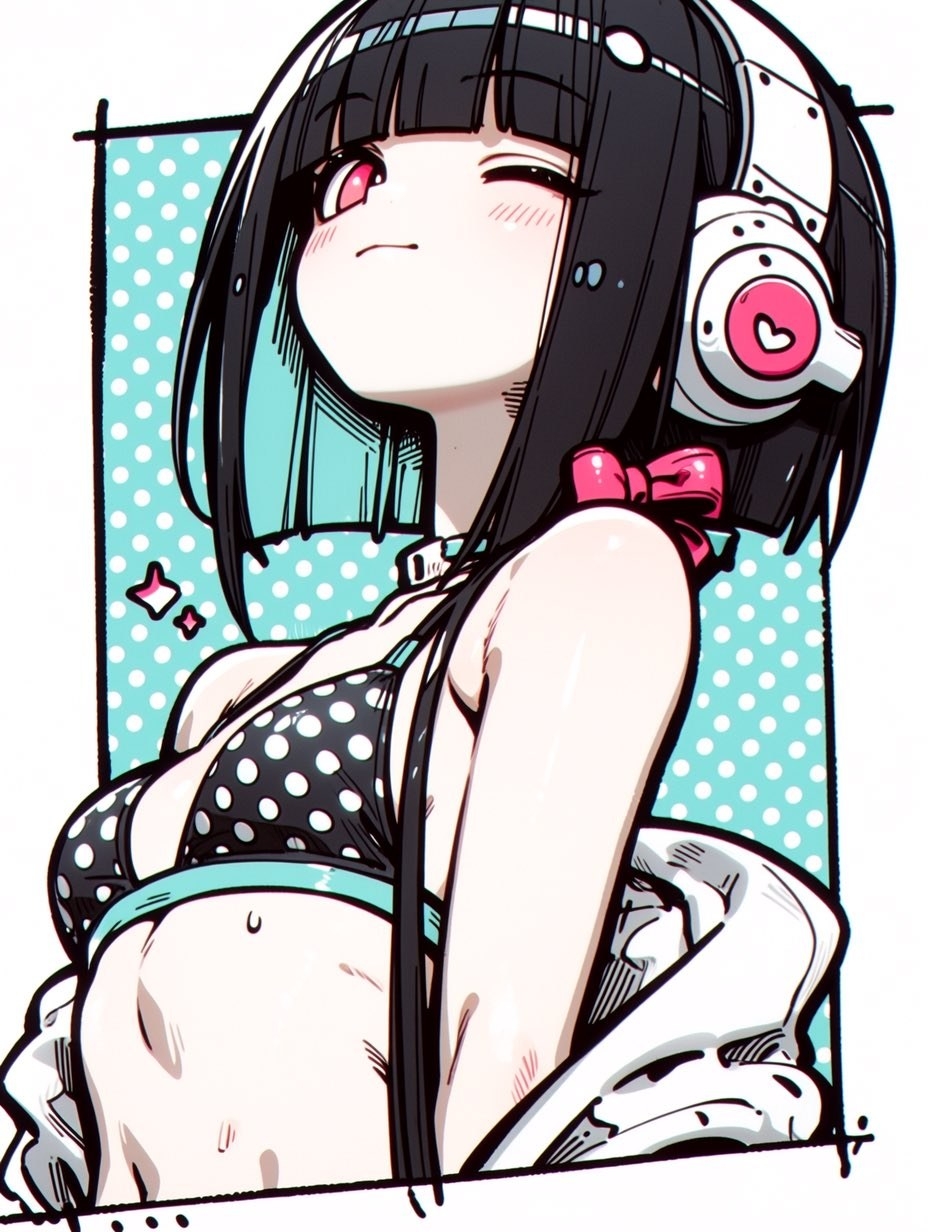 黒髪のアニメ少女が水玉ビキニを着て、イヤフォンをつけている