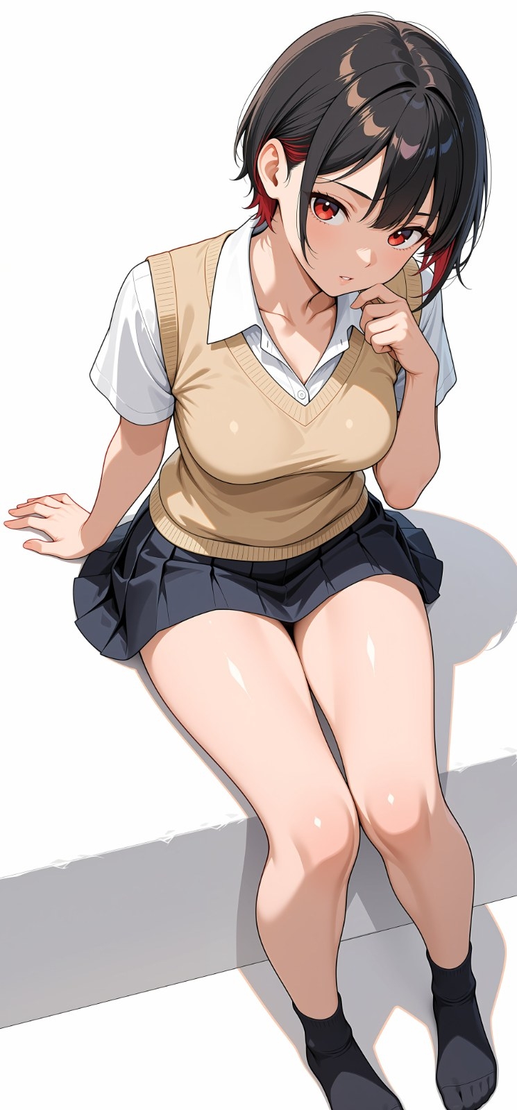 A young female anime character is wearing a white shirt and a beige knit vest