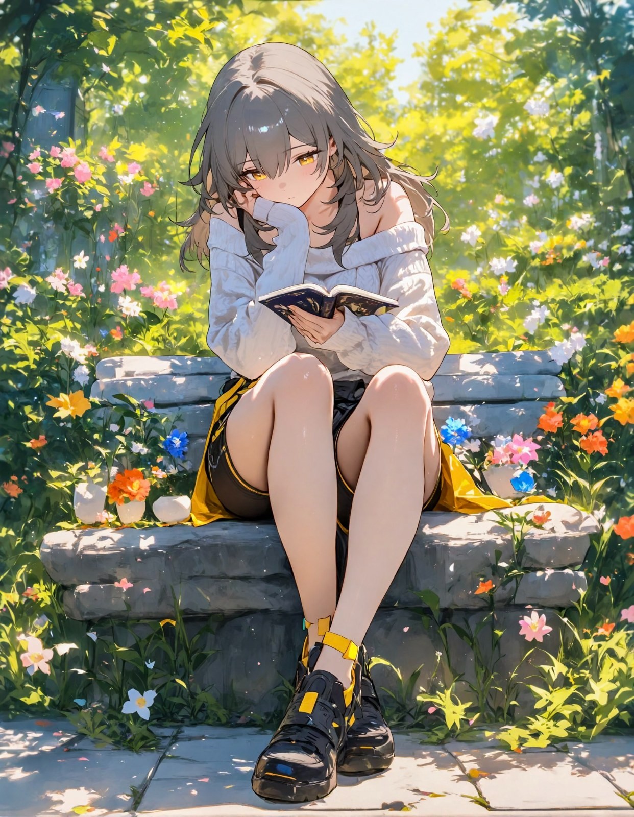 회색 머리 금눈의 소녀가 흰색 니트와 검은 노란 반바지를 입고 꽃이 둘러싼 돌계단에 앉아 있다