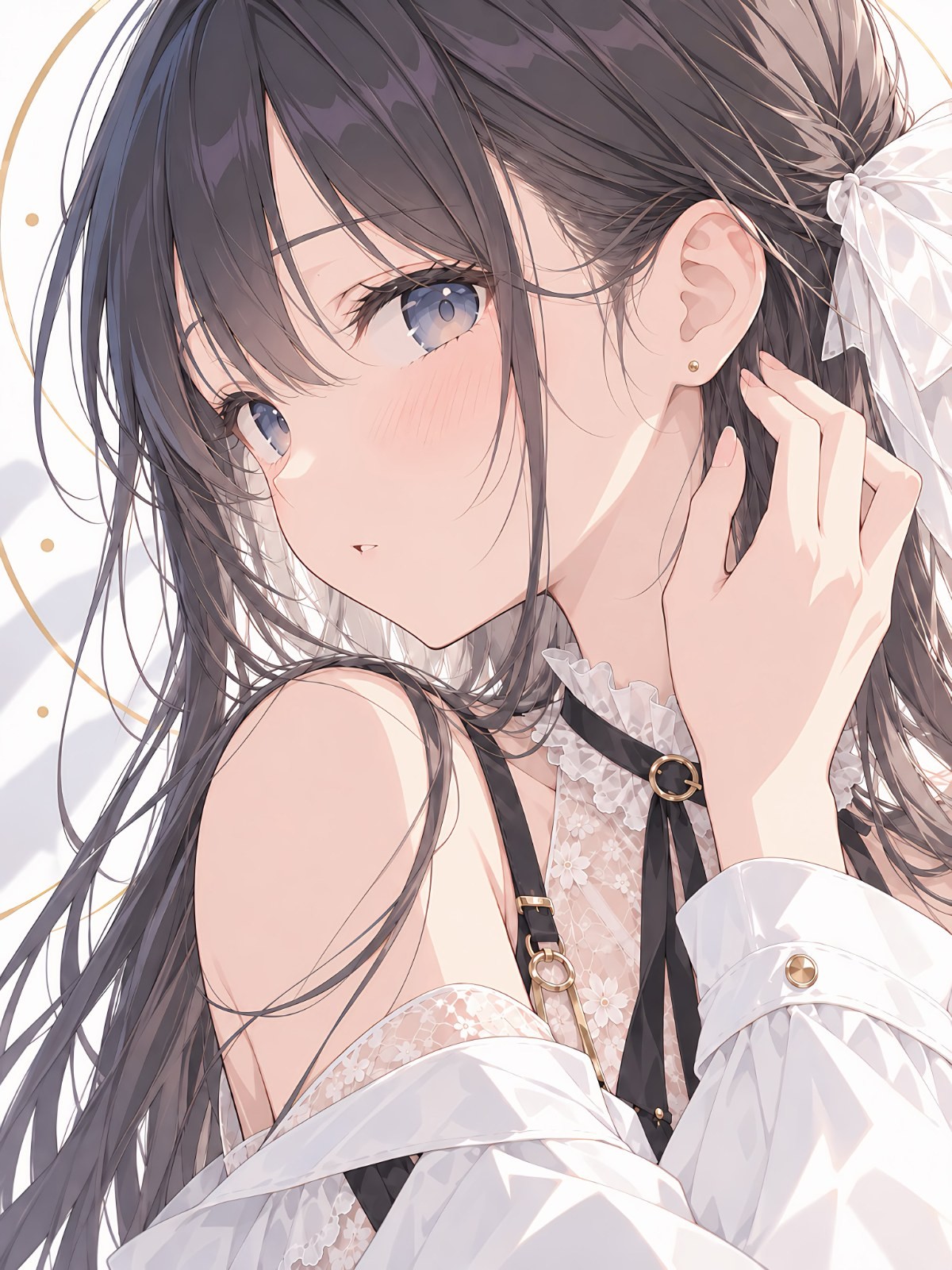 Close-up de garota de anime de cabelo preto com olhos azul água claros e timidez gentil