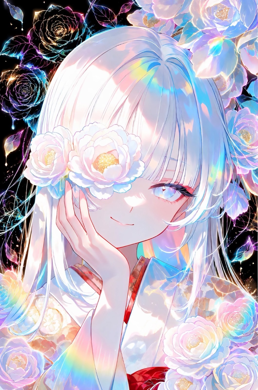 A silver-haired girl is wearing a cloud-patterned kimono