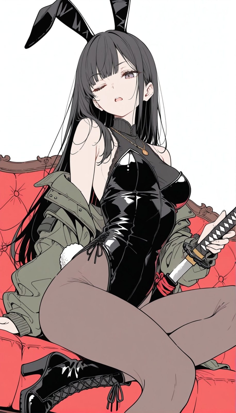A long-haired anime woman is dressed in a black bunny girl outfit holding a katana