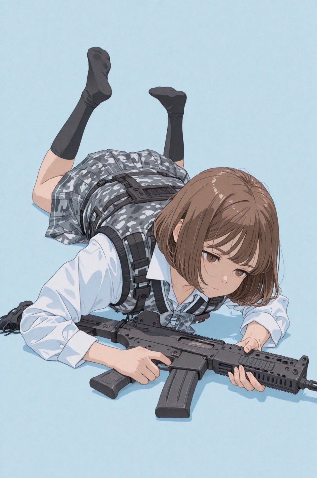 A girl is wearing a mix of campus fashion and tactical gear